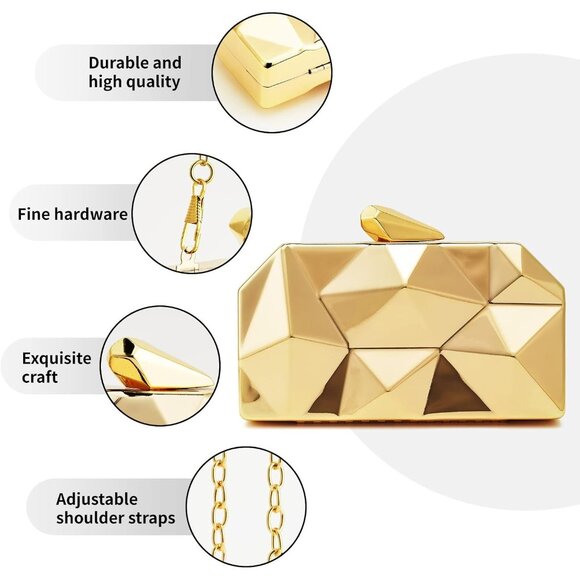 Women Lattice Pattern Metal Evening Clutch Bag Geometric With Chain Strap - Picture 3 of 6